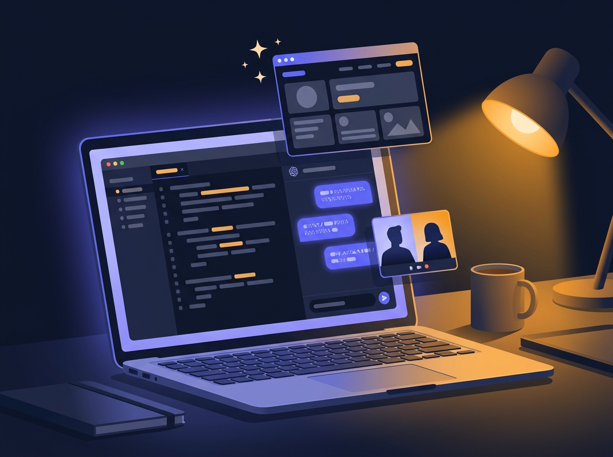 A live one-on-one vibe coding session: code editor, AI assistant and video call